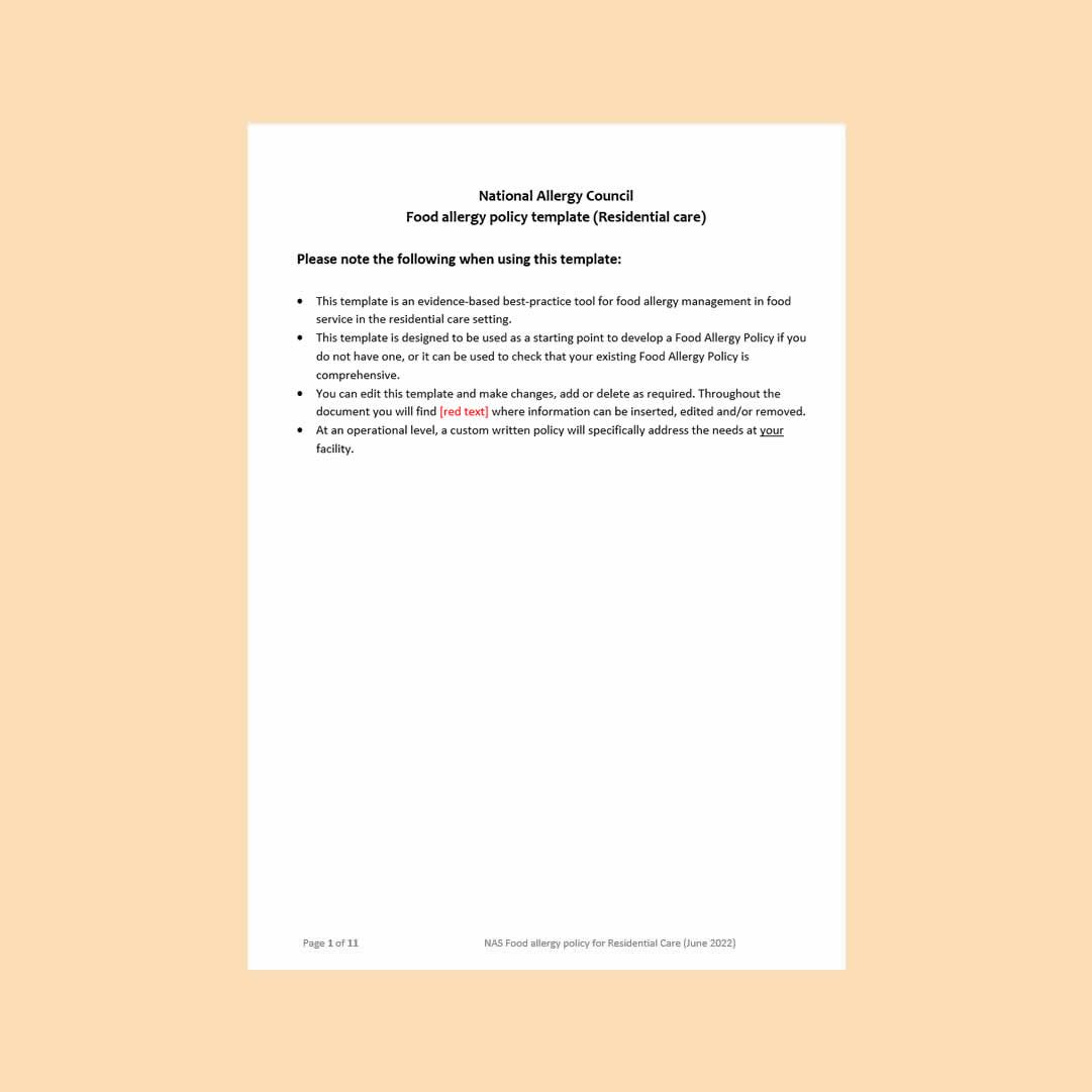 Food allergy policy template
